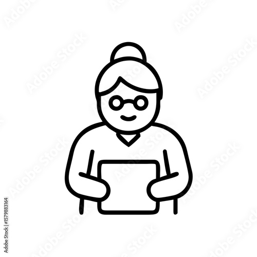 Elderly woman holding tablet and smiling while engaging with technology, Concept of Active Longevity, Active Aging  