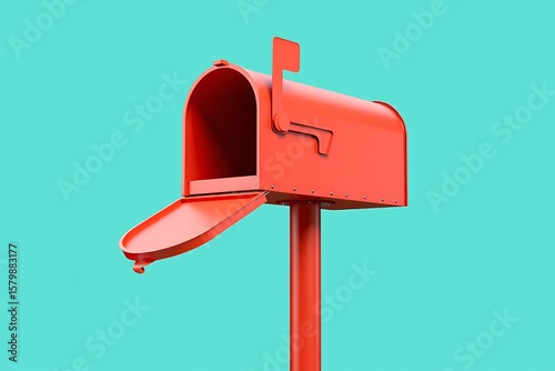 Red mailbox with open door and flag against teal background image