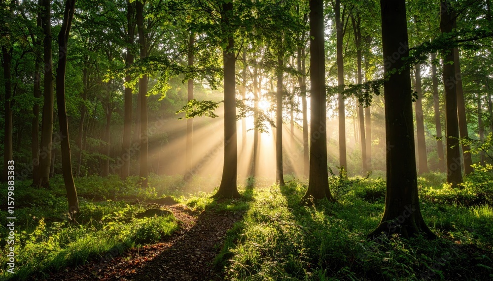 Obraz premium Sunbeams through the forest