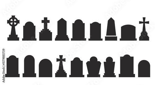  Gravestone Silhouettes Isolated on White Background Featuring Classic Tombstones, Crosses, and Headstones Perfect for Halloween Designs, Horror Art, and Digital Graphics

