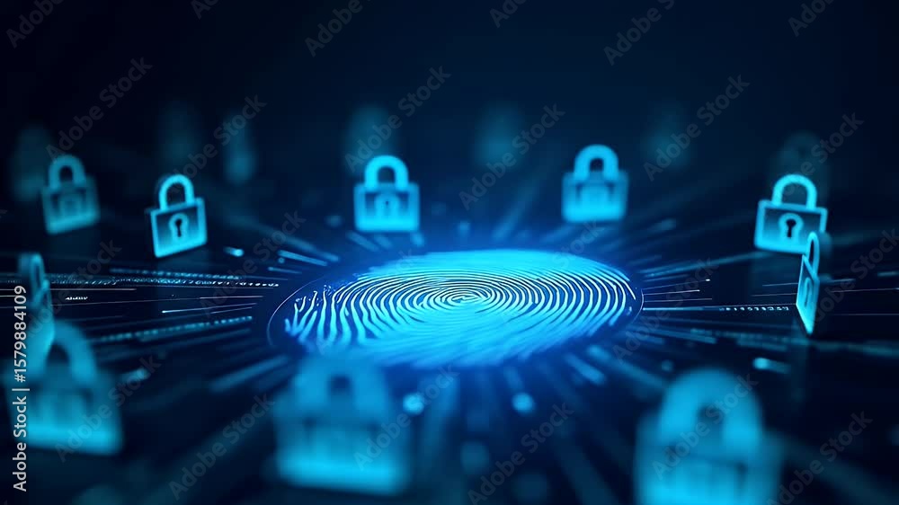 A glowing fingerprint scanner surrounded by digital lock icons and binary code on a dark tech background — symbolizing biometric security, encryption, and identity protection.
