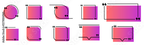 Gradient quote frame icon set with modern speech mark boxes in square, round, and dialog shapes. Qoutes, icons, vector.