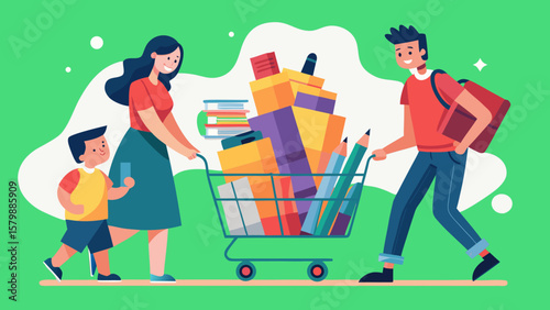 Parents pushing overloaded shopping cart filled with notebooks, pencils, and school supplies, accompanied by child, showcasing back-to-school shopping experience with vibrant colors