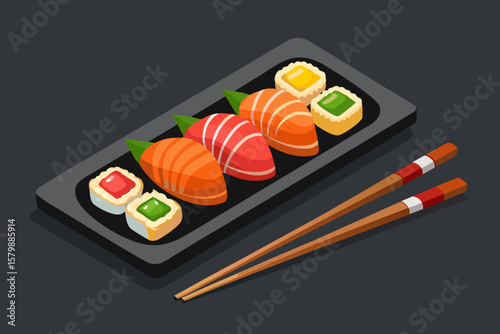 Sushi assortment featuring colorful nigiri and maki rolls on a sleek black rectangular board with chopsticks, showcasing vibrant textures and culinary artistry