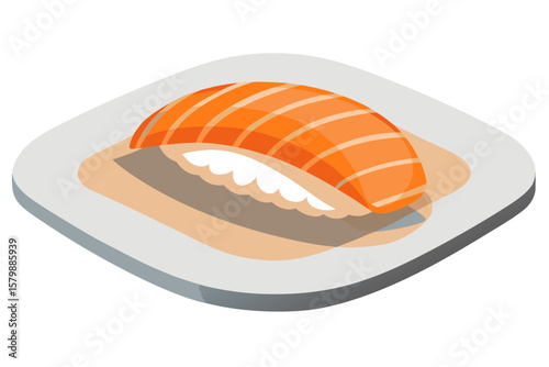 Single piece of nigiri sushi with salmon on a white ceramic plate, showcasing minimalism and vibrant colors, perfect for culinary art and food photography enthusiasts