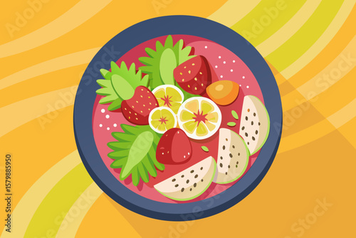 Colorful smoothie bowl featuring sliced kiwi, strawberries, banana, chia seeds, and shredded coconut, beautifully arranged on a blue plate with vibrant background