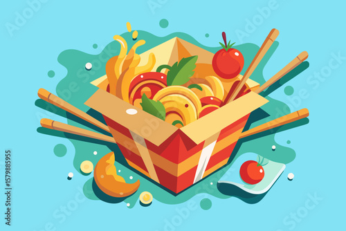 Vibrant street food noodle box filled with colorful udon noodles, fresh vegetables, and chili sauce splashes, accompanied by chopsticks, creating a lively culinary experience
