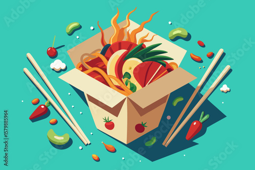 Vibrant street food noodle box filled with colorful udon noodles, fresh vegetables, and chili sauce splashes, accompanied by chopsticks, perfect for culinary enthusiasts and food lovers