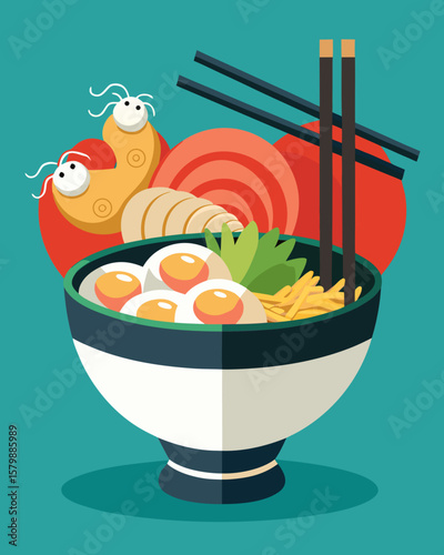 Steaming udon bowl with tempura shrimp, green onions, and egg, chopsticks placed on top, minimalist design showcasing vibrant colors and textures in a culinary presentation