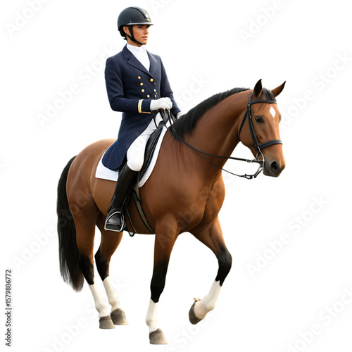 A 3D male equestrian rider in a formal navy and gold jacket on a brown horse - AI Generated