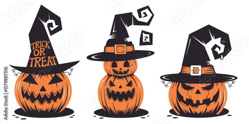 Halloween Pumpkin Illustrations with Witch Hats and Scary Expressions Ideal for Seasonal Posters, Greeting Cards, Banners, Digital Stickers, Emblems, and Vector Artwork

