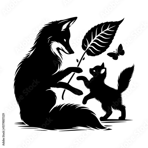 A fox and kitten playfully interact with a leaf and butterfly