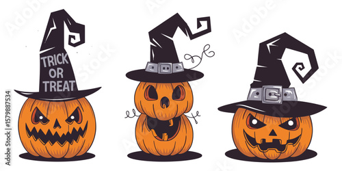 Scary Halloween Pumpkin Characters Wearing Witch Hats Vector Set Perfect for Holiday Posters, Cards, Banners, Emblems, Signs, and Digital Design Projects

