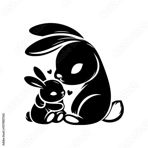 Adorable black silhouette of a mother rabbit cuddling her baby bunny