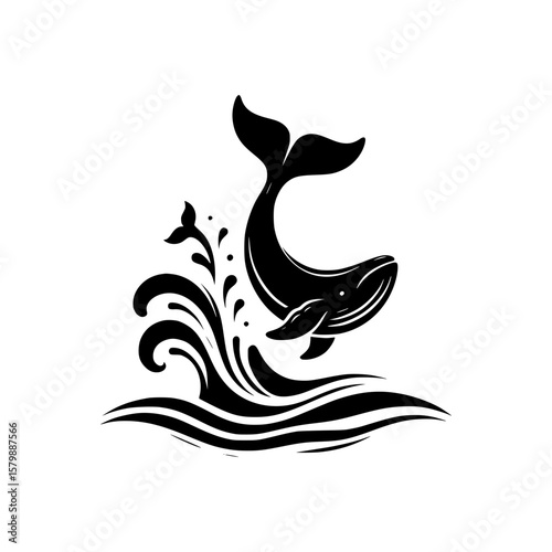 Stylized black silhouette of a whale breaching through waves