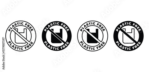 Plastic Free Icon Set Black and White Circular Symbols Vector Design Illustration Template