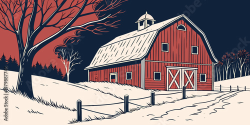 Rustic Red Barn in a Peaceful landscape winter cottage  Snow Covered Countryside beautiful building architecture in red navy blue background vector illustration. 