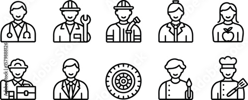 Line art icons depicting various professions on a light gray background