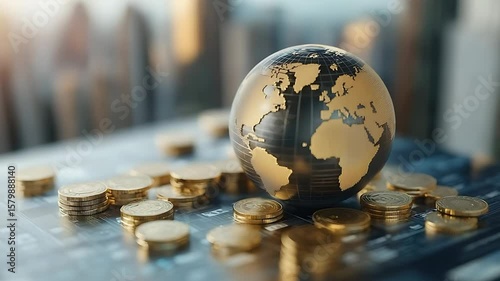 A glass globe representing Europe atop a stack of coins, symbolizing global finance and investment