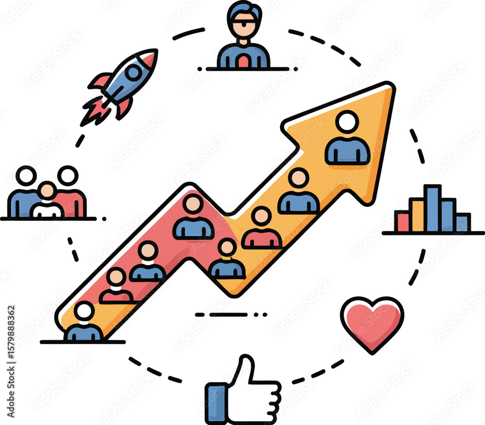Cartoon illustration of growth arrow with people and business symbols around Cartoon illustration of growth arrow with people and business symbols around