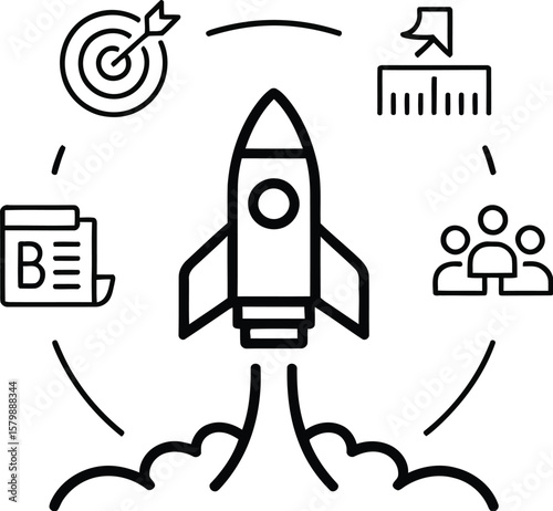 Outline illustration of a rocket launching surrounded by business icons