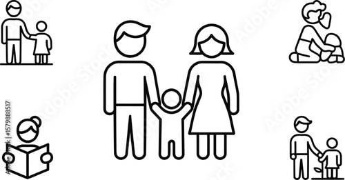 Family icons depicting parents with children and reading person on white