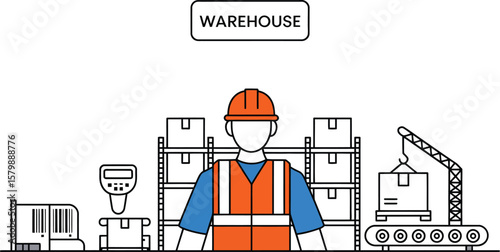 Illustration of warehouse worker with boxes and equipment in the warehouse