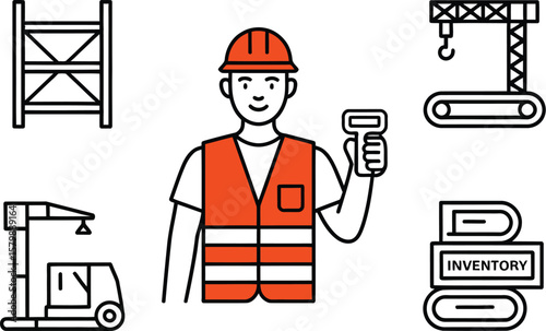 Illustration of construction worker with equipment and inventory symbol