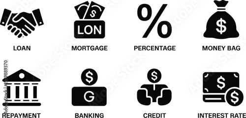 Icons representing financial concepts like loan mortgage and interest rate