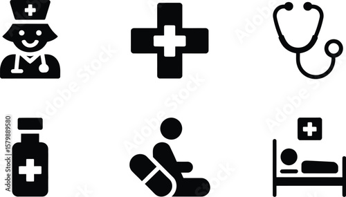 Illustration of medical icons including nurse cross stethoscope and patient