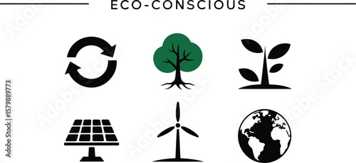 Eco conscious icons showing renewable energy and environmental awareness