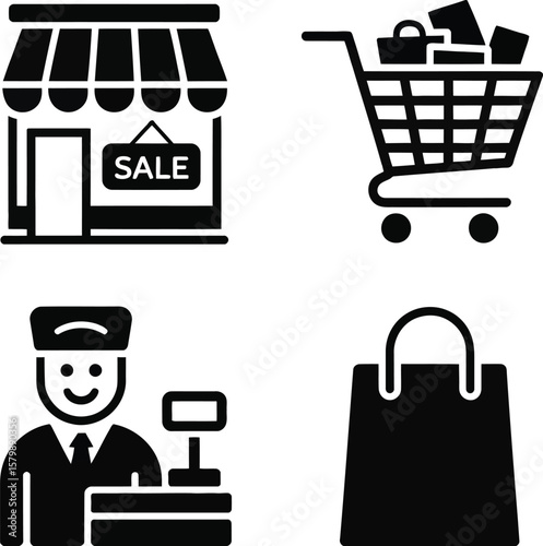 Illustration of a store, shopping cart, cashier, and shopping bag icons