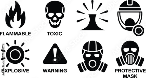 Illustration of safety hazard signs including flammable toxic and explosive