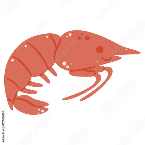 Simple illustration of a cooked red shrimp or prawn, ideal for seafood, food, and ocean themes.