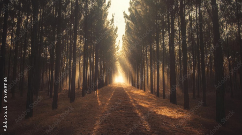 Fototapeta premium Walk Through Forest Trail With Bright Light At The End, Dark Theme