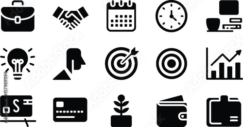 A collection of business and finance related icons in black and white style