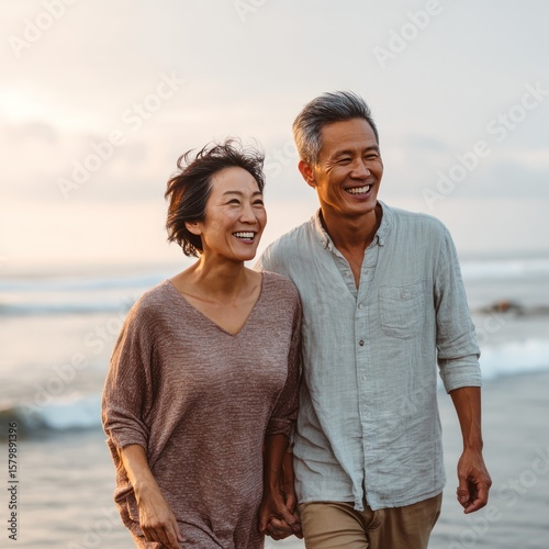 Happy middle-aged Asian couple holding hands and laughing while walking along the seaside, soft golden light, relaxed clothing, joyful moment with ocean waves in background