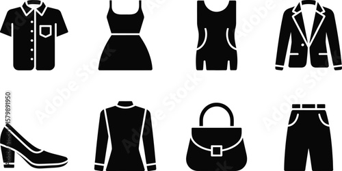 Illustration of various clothing items including shirts dresses and shoes