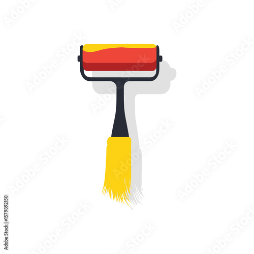 Red Paint Roller with Yellow Brush Isolated on White Surface, Art Supply