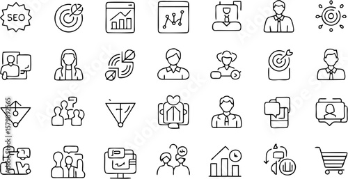 Vector SEO icon set featuring magnifying glass, graph, keyword, ranking, link building, analytics, and web optimization symbols. Ideal for digital marketing themes.

