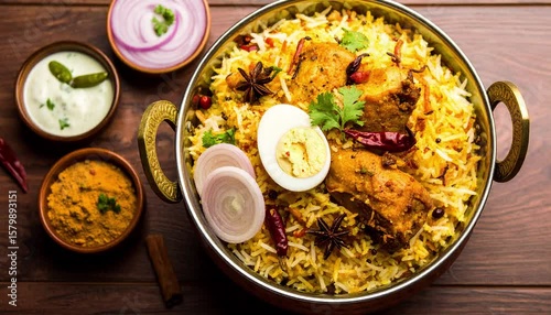 Chicken or mutto biryani in copper bowl with onions, coriander and boiled egg, indian heritage culinary campaigns