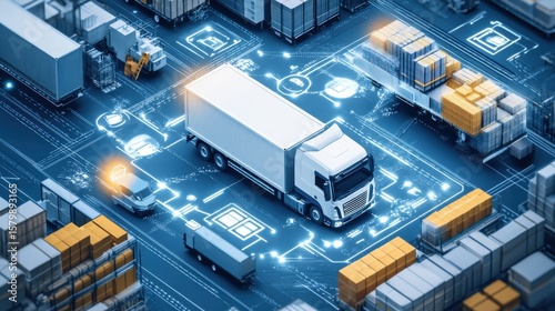 Futuristic Logistics and Transportation Concept Featuring Delivery Trucks and Warehousing with Digital Technology Background for Supply Chain Optimization