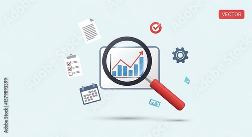 Magnifying glass focusing on a bar graph with a red arrow pointing upward on a light blue background