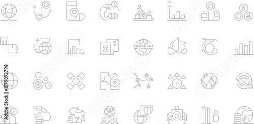 A collection of various outline icons representing business and global themes