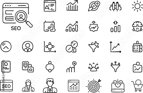 Vector SEO icon set featuring magnifying glass, graph, keyword, ranking, link building, analytics, and web optimization symbols. Ideal for digital marketing themes.

