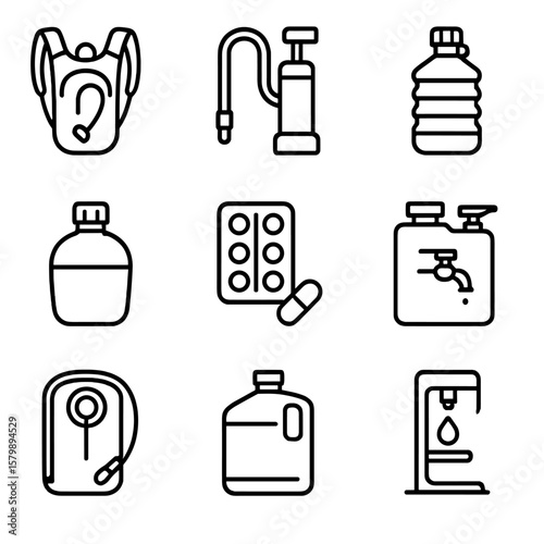 Hydration water station icons pack purification bottle vector jug icon bladder gear