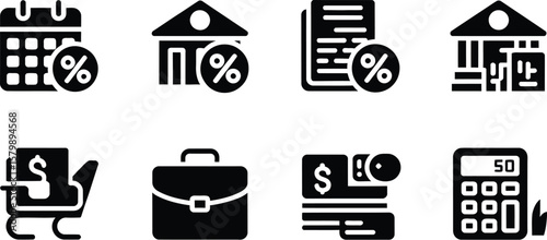 Eight black finance icons including calendar building and calculator icons