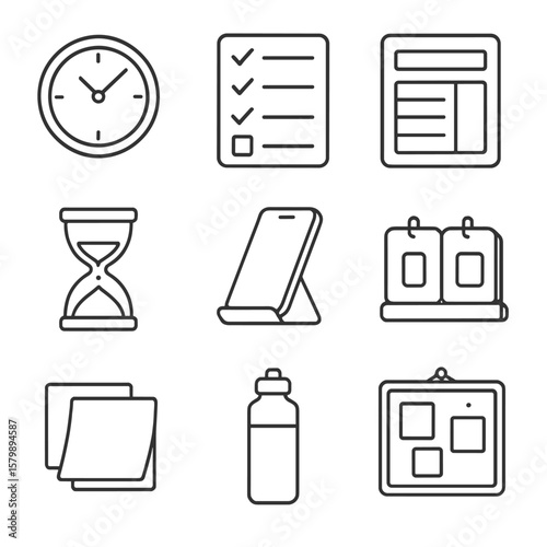 Clock block modern task sticky bottle icon vector list calendar daily desk