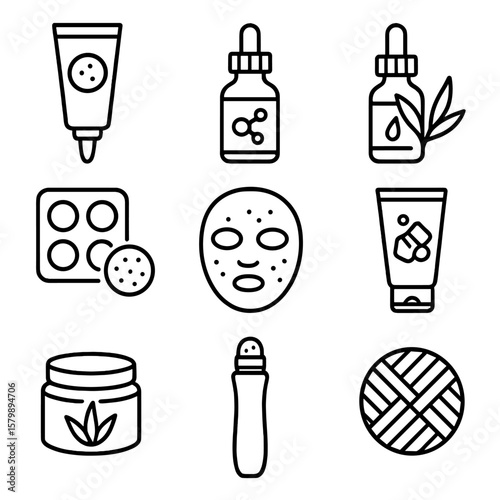 Mask oil acne spot bottle charcoal skincare icons pimple balm vector icon
