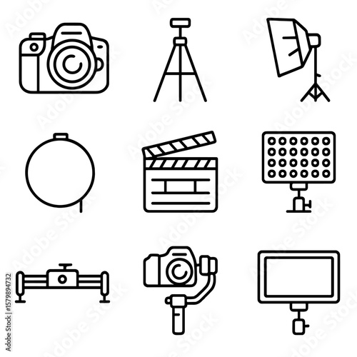 Dslr vector icons panel tripod gear monitor camera icon clapperboard softbox stabilizer